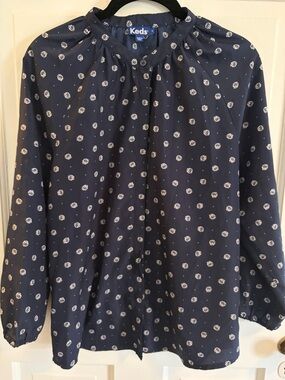 Keds Women's Navy Floral Long-Sleeve Button Up Lightweight Blouse